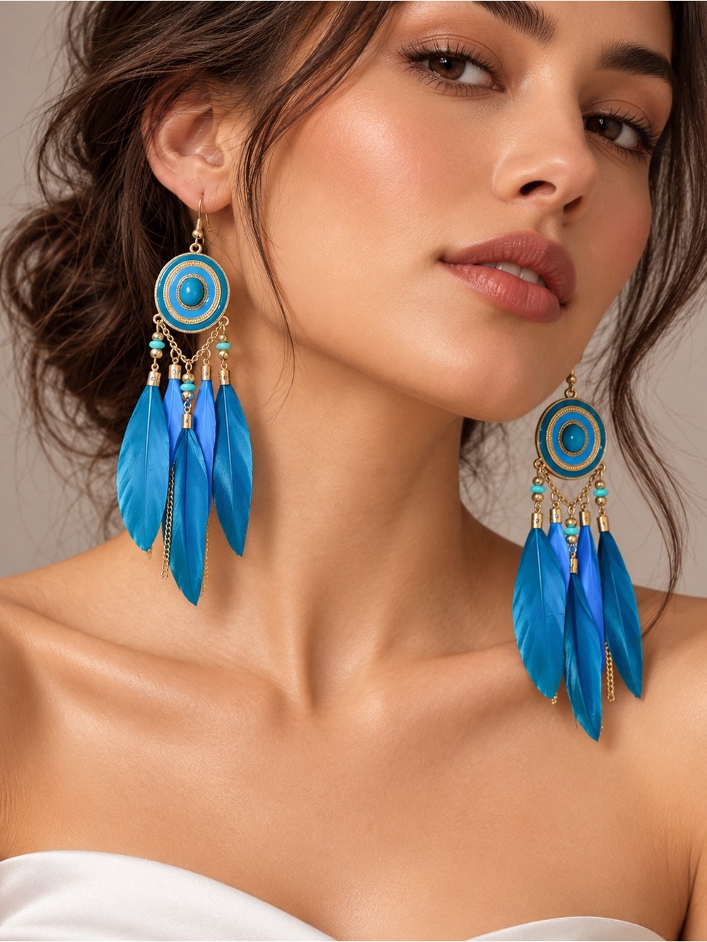 Boho Blue Feather Drop Earrings by